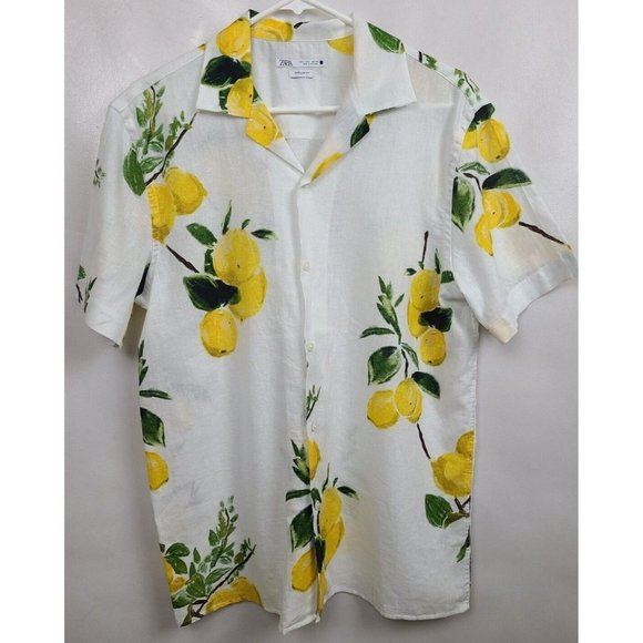Zara Mens Shirt Size Large White Yellow Lemon Print Short Sleeve Regular Fit Top - Picture 1 of 5
